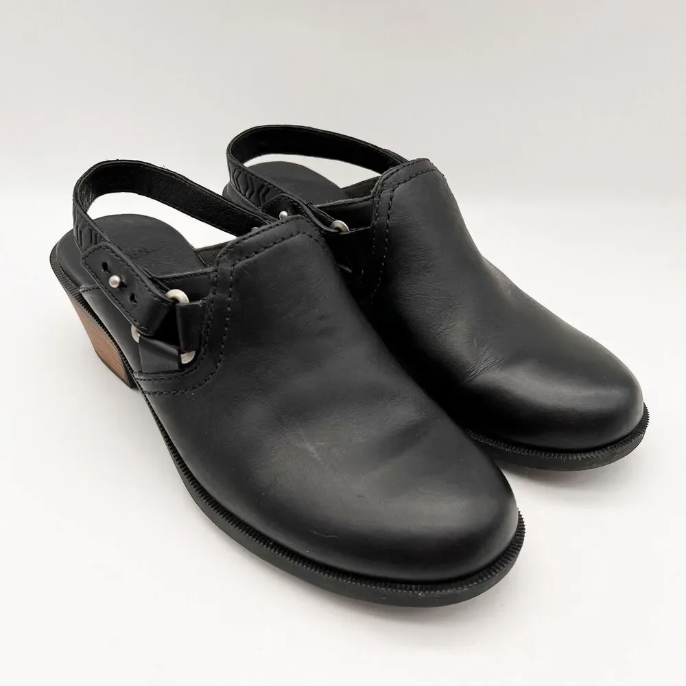 TEVA Foxy Black Leather Adjustable Slingback Mid Block Heel Clogs Women’s 7.5 - Picture 2 of 12